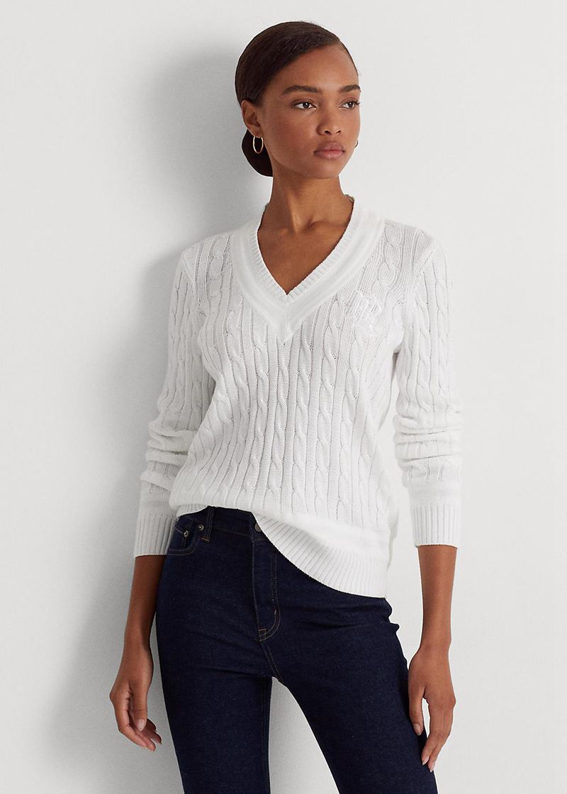 Sweater Lauren Damska Białe Cable-Knit Cricket Jumper 517204-PCT